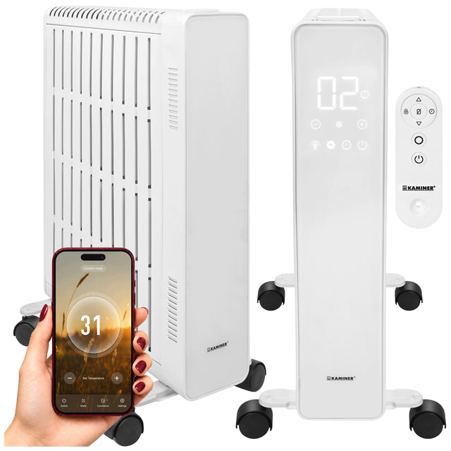 Grzejnik Olejowy Elektryczny Termostat 2500W 11 Żeber kaminer WiFi Pilot 500 mm 640 mm grzewcza biały