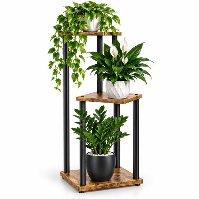 Kwietnik stojący Stojak na Kwiaty Kwiatki Rośliny Metalowy Drewniany Loft regał doniczkowy, półka 78 cm, brązowo-czarna