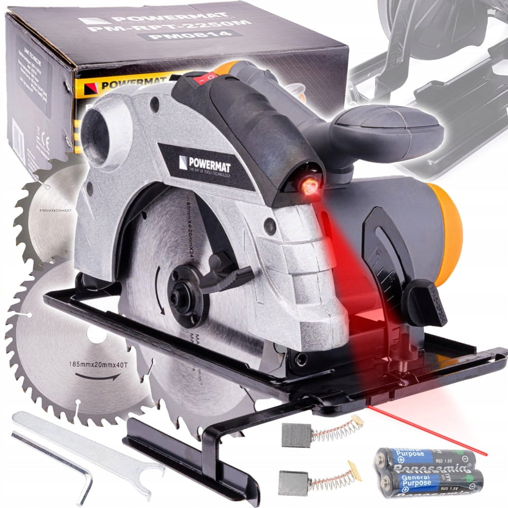 Pilarka tarczowa ręczna przecinarka 2250W laser 2xTARCZE powermat zasilana sieciowo, głębokość cięcia 55 mm, średnica