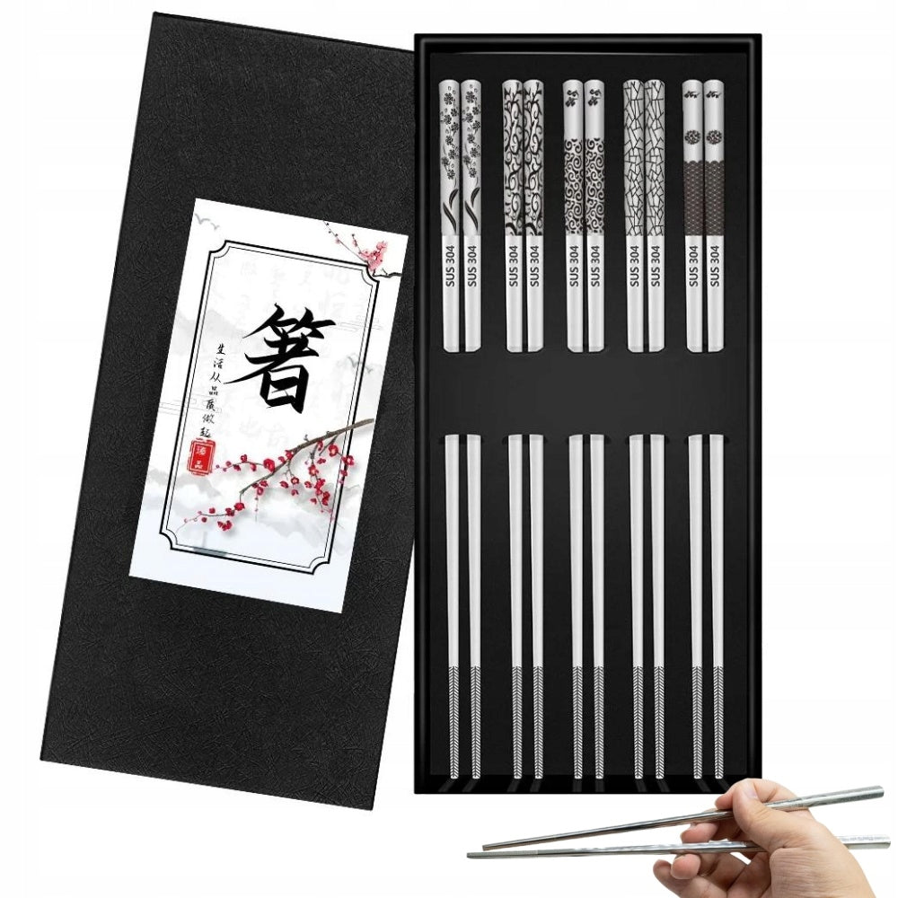 Pałeczki premium stal nierdzewna 5 par srebrne do sushi, kuchni azjatyckiej, wielorazowe metalowe sztućce, 23,5 cm