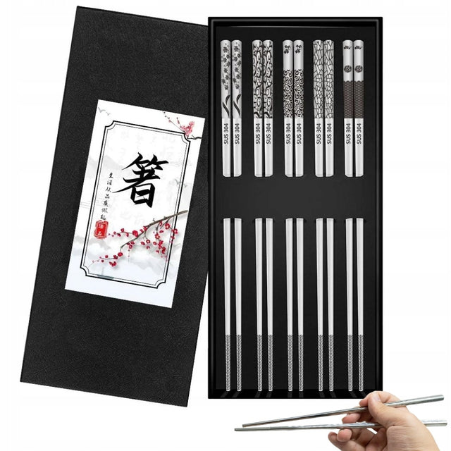 Pałeczki premium stal nierdzewna 5 par srebrne do sushi, kuchni azjatyckiej, wielorazowe metalowe sztućce, 23,5 cm