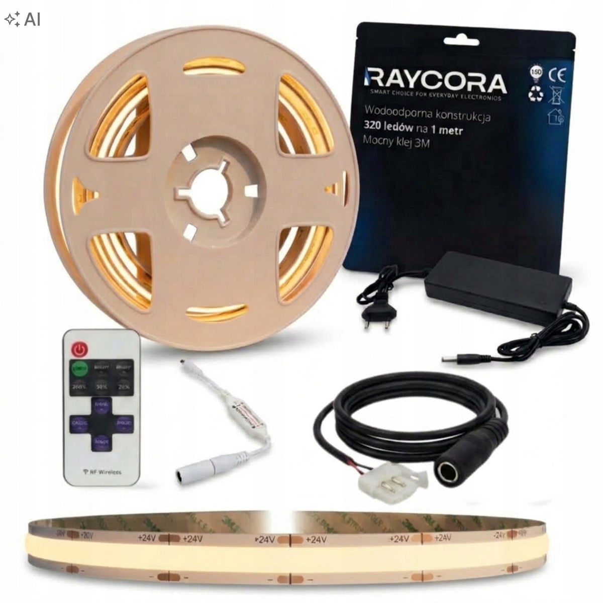 Taśma LED COB 24V 3000K 5m Zestaw Dla Początkujących Prosty Montaż Mocna pasek świetlny, ściemnianie, pilot, ciepłe