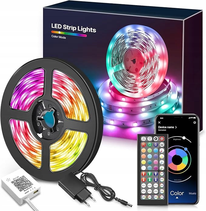 Taśma LED 15m RGB 5050 Bluetooth Pilot Aplikacja Zestaw Ledy SMD 30led/m kolorowe oświetlenie dekoracyjne do pokoju