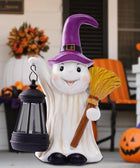 Figurka duch halloween solarna LED ogrodowa czarownica latarnia 25 CM lampion, ozdoba na taras i balkon, dekoracja na