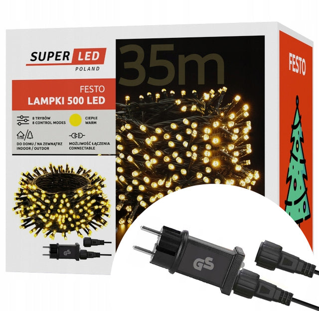 Lampki choinkowe 500 LED Świąteczne 35m Białe Ciepłe IP44 8 trybów mocne