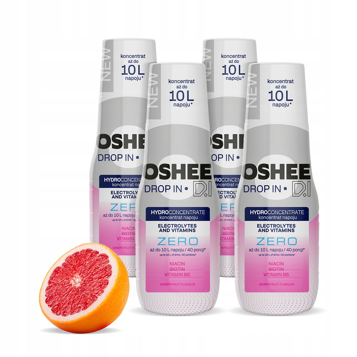 4x oshee Drop In zero Hydrokoncentrat bez cukru grapefruit 500 ml = 10 l syrop smakowy do wody, koncentrat do