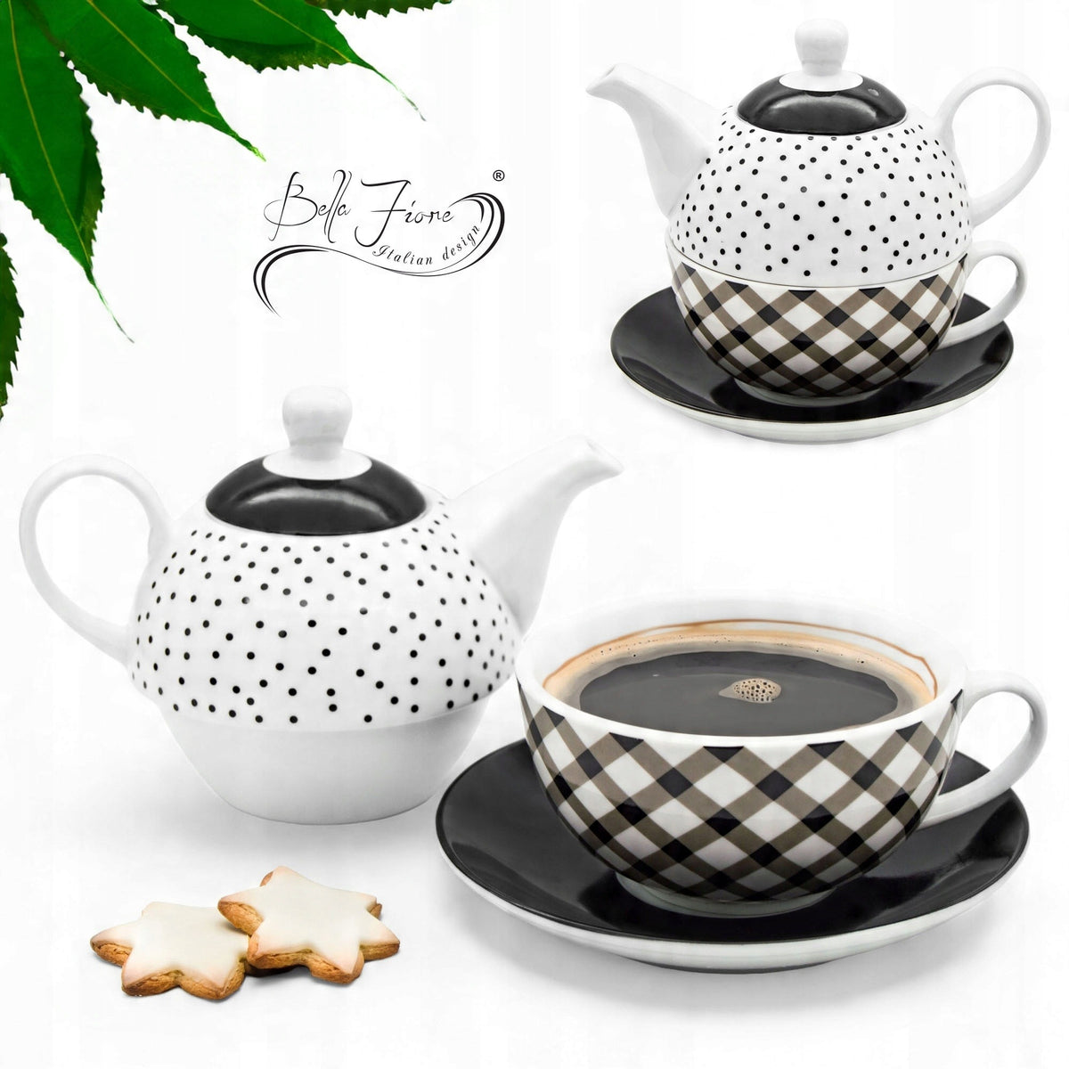 Dzbanek Filiżanka Spodek Porcelana Komplet 3w1 Imbryk do Kawy Herbaty czajniczek 320 ml, biało-czarny, można myć w