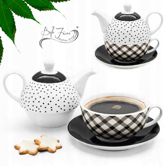 Dzbanek Filiżanka Spodek Porcelana Komplet 3w1 Imbryk do Kawy Herbaty czajniczek 320 ml, biało-czarny, można myć w zmywarce