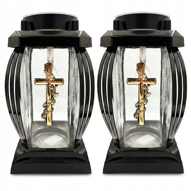 2x znicz solarny LED duży szklany na cmentarz lampion ledowy ciepły biały nagrobna, 24 cm, ponad 75 h świecenia
