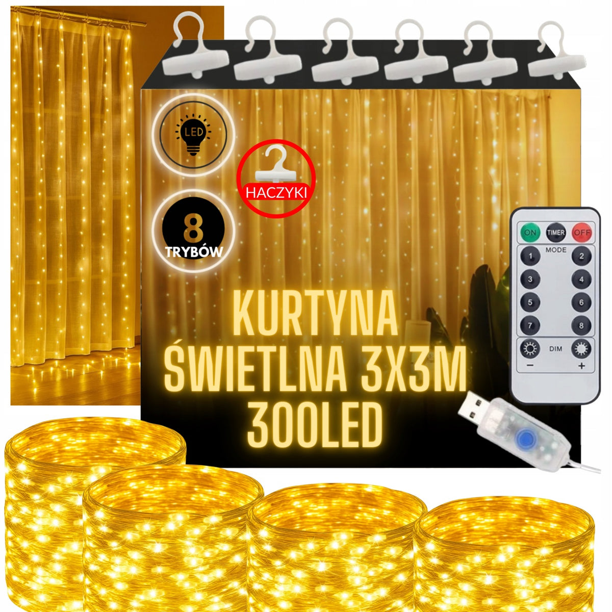 KURTYNA ŚWIETLNA BIAŁA CIEPŁA 300 LED GIRLANDA NA OKNO + HACZYKI + PILOT Lampki dekoracyjne do wnętrz, oświetlenie