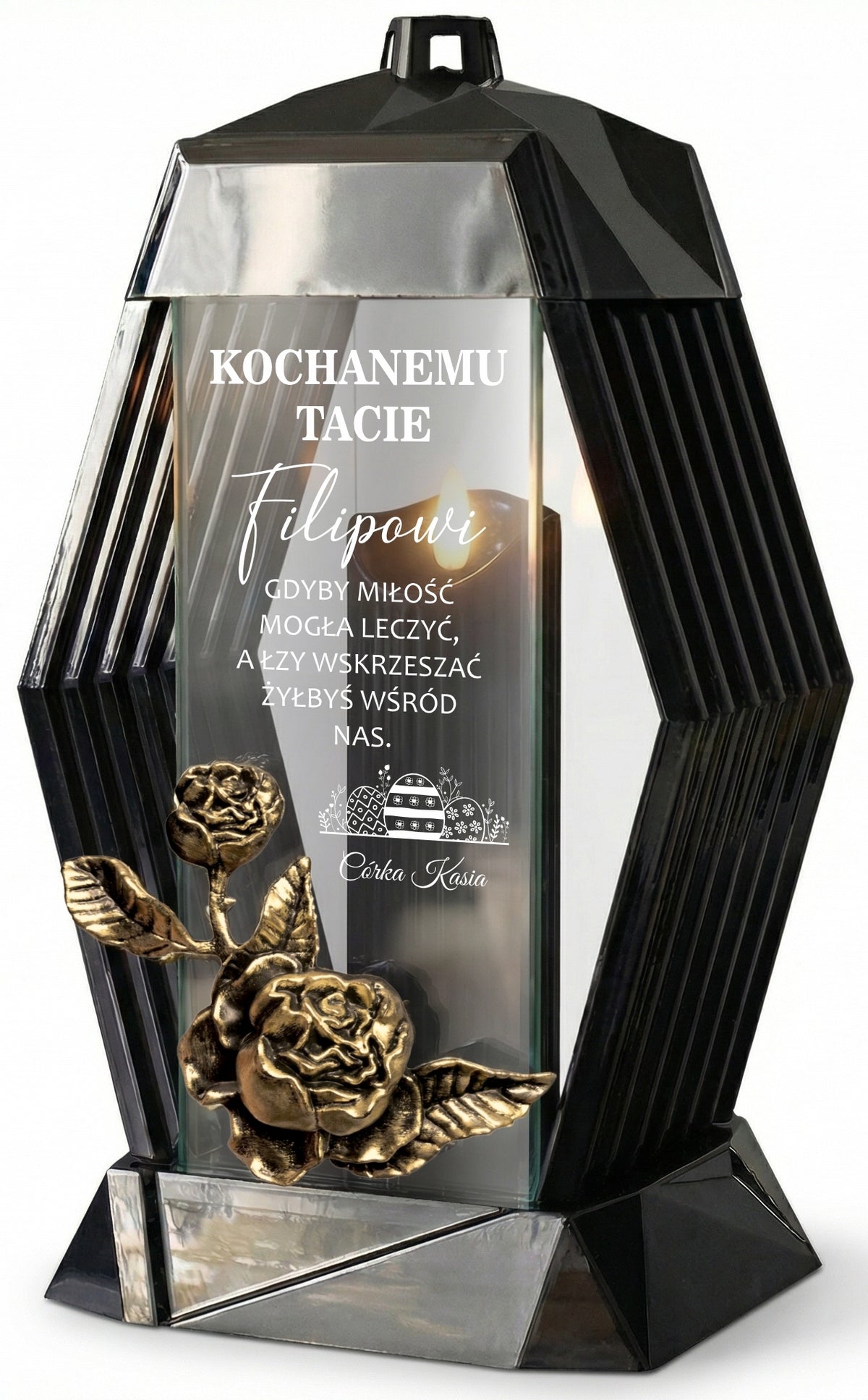 Czarna elegancka kapliczka z grawerem dla Kochanego Męża Taty Dziadka znicz nagrobny, lampion na grób, dekoracja