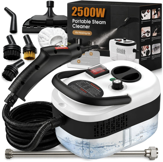 Myjka parowa MOP parowy parownica mocna 2500W do tapicerki okien FUG zestaw czyścik, czyszczenie podłóg i łazienki, pojemnik 1,61 l