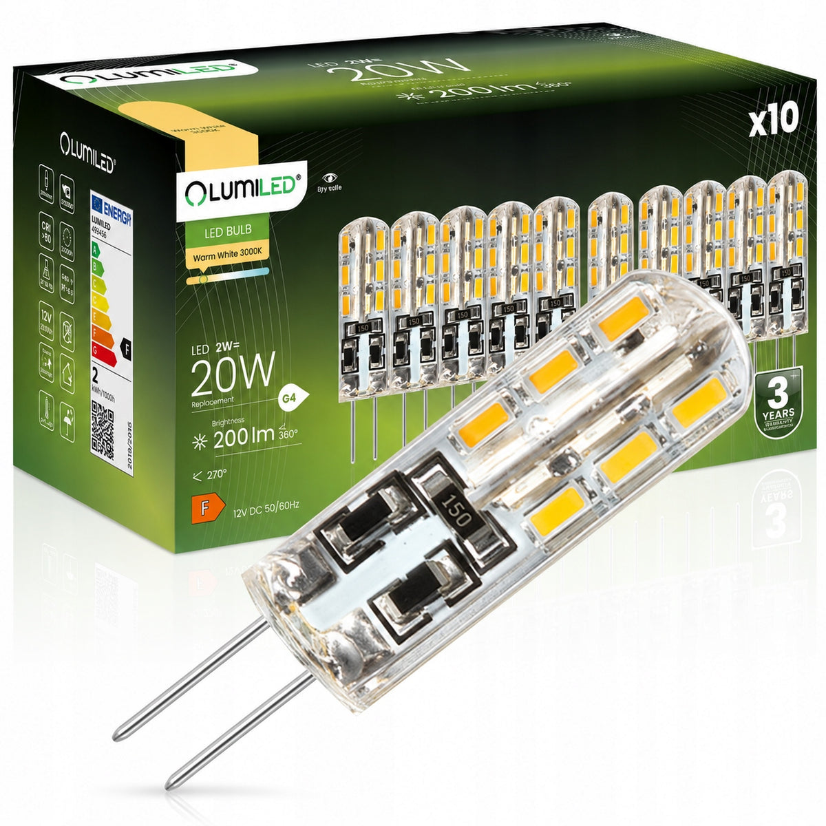 10x Żarówka LED G4 Kapsułka 2W = 20W 200lm 3000K Ciepła 360° 12V lumiled zamiennik halogenowej, źródło światła