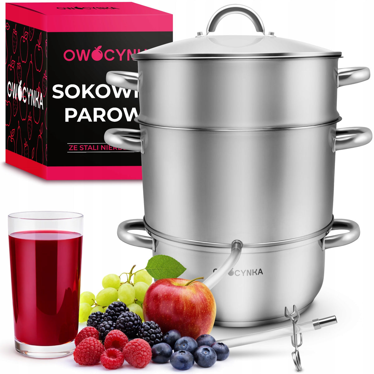 Sokownik Parowy do Owoców Stal Nierdzewna Indukcja Sok Lejek Wąż Parowar 8L garnek do domowego przetwórstwa, naczynie