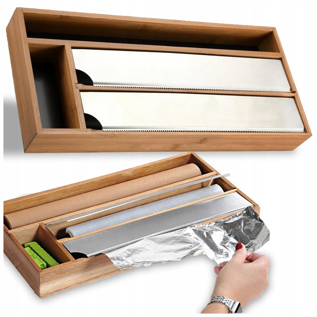 Organizer na folię do szuflady do kuchni pojemnik dyspenser podajnik bambus wkład sztućcowy 4 przegródki brązowy 19x19x5,4 cm