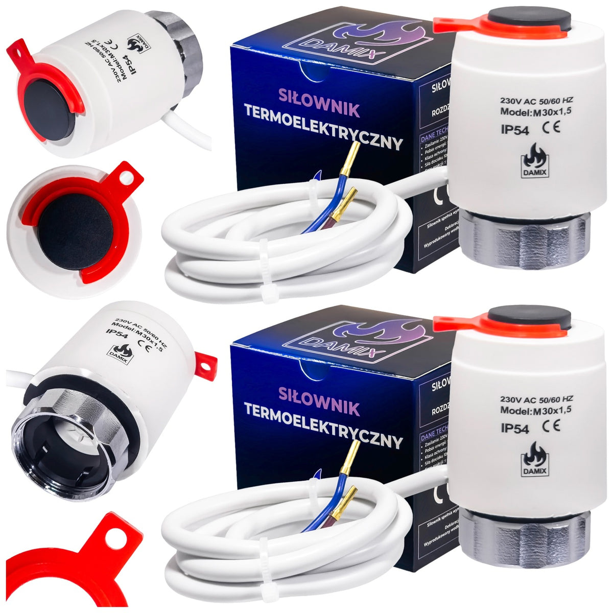 2x SIŁOWNIK TERMOELEKTRYCZNY DO ROZDZIELACZA ZAWORU GWINT M30 x 1,5 230V NC elektryczne