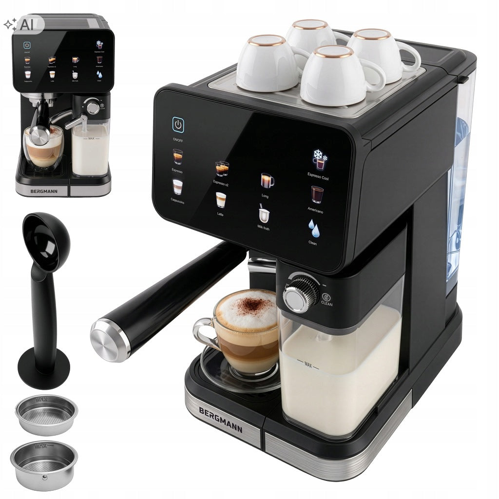 Ekspres ciśnieniowy kolbowy bergmann 20 bar Cold Brew spieniacz mleka do kawy mielonej, espresso, cappuccino, latte