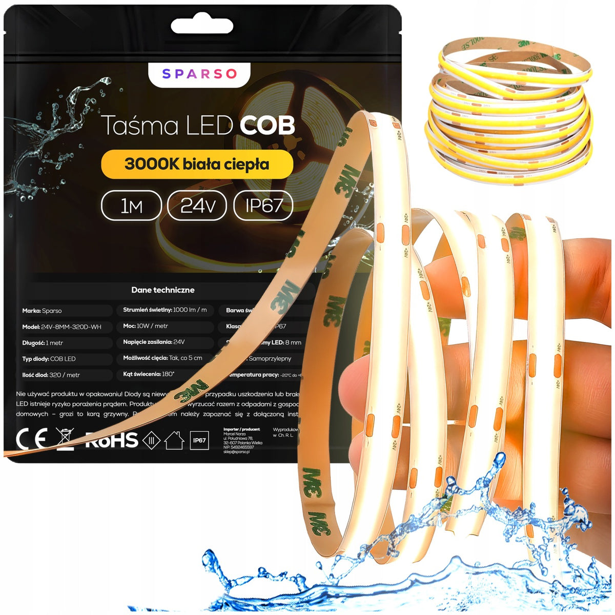 Taśma LED COB neon 1m 24V 3000K Wodoodporna biała ciepła 320LED/M na metry IP67 1000 lm do podświetlenia dekoracyjnego