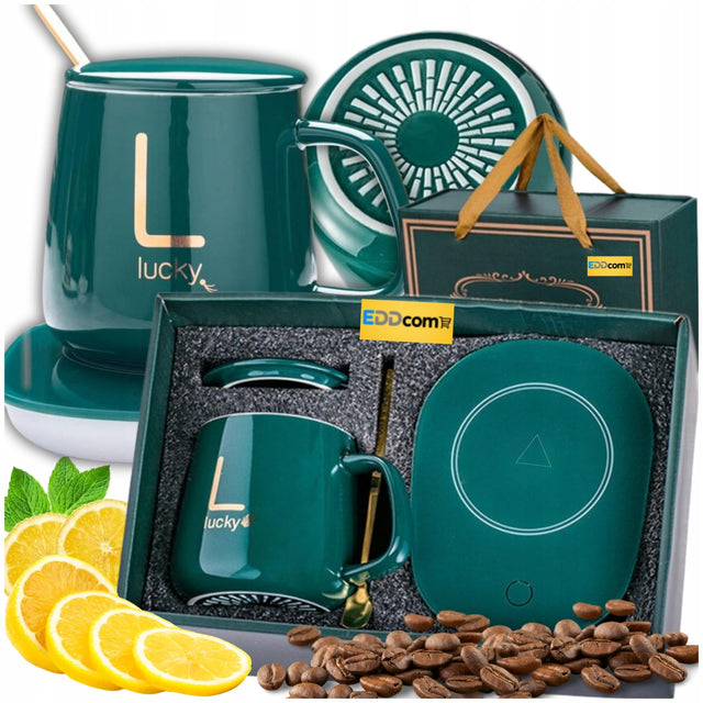 Podgrzewacz do kubka kawy herbaty zestaw Kubek z Podgrzewaczem Ceramiczny naczynie na napoje 350 ml, zielone, można myć w zmywarce, opakowanie