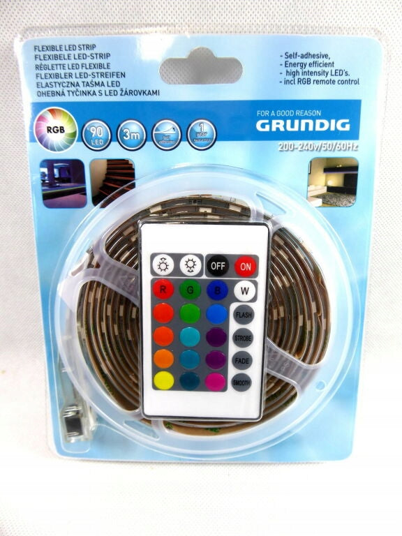 154. taśma LED RGB grundig z pilotem 3m 90LED oświetlenie dekoracyjne, podświetlenie telewizora i mebli, wielokolorowa