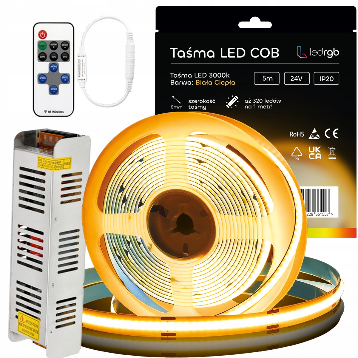 Zestaw Taśma LED Neon COB 24V 5m 3000K biała ciepła zasilacz 60W pilot 8mm oświetlenie dekoracyjne do wnęk, mebli i