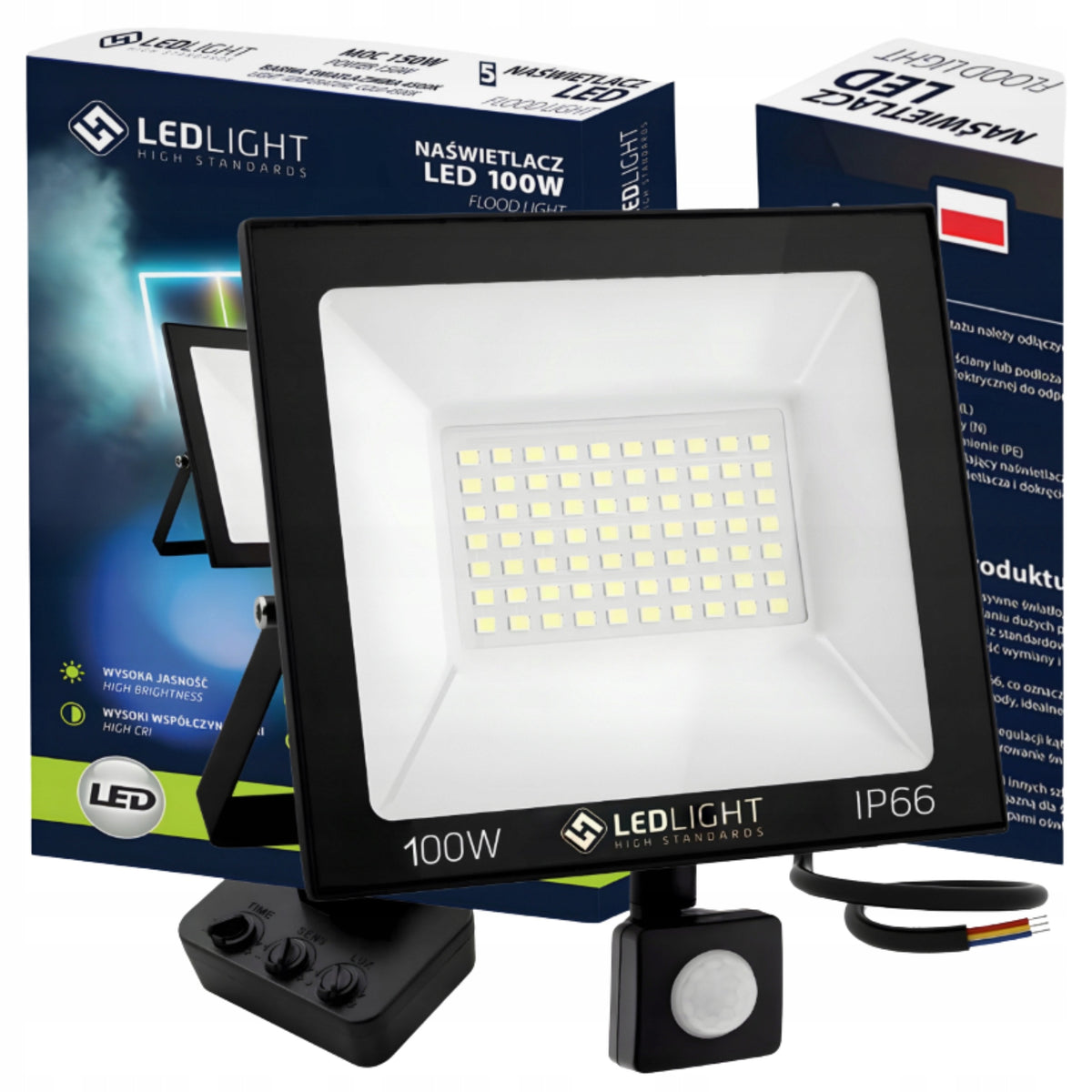 Halogen LED z czujnikiem ruchu 100W lampa Reflektor Naświetlacz zewnętrzny do ogrodu, garażu i podjazdu, 6000 K, IP66
