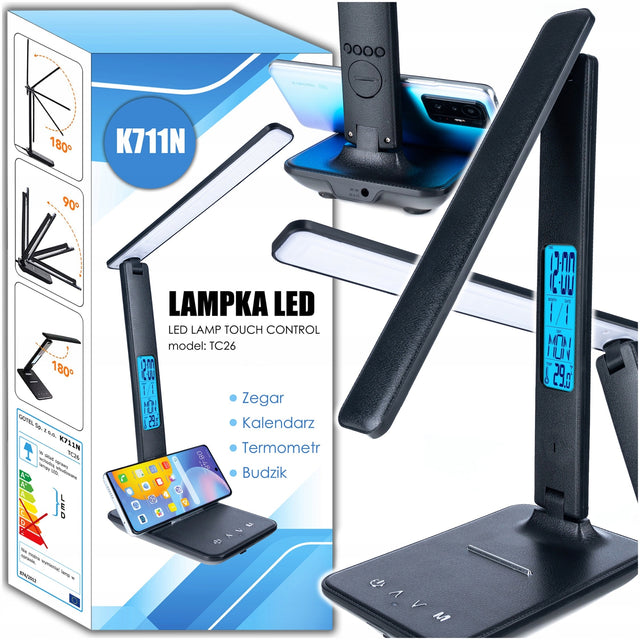 Lampka Biurkowa Szkolna Zegar Budzik Czytanie Nauka Praca Odrabianie Lekcji lampa LED ściemniana czarna zasilanie sieciowe 10 w