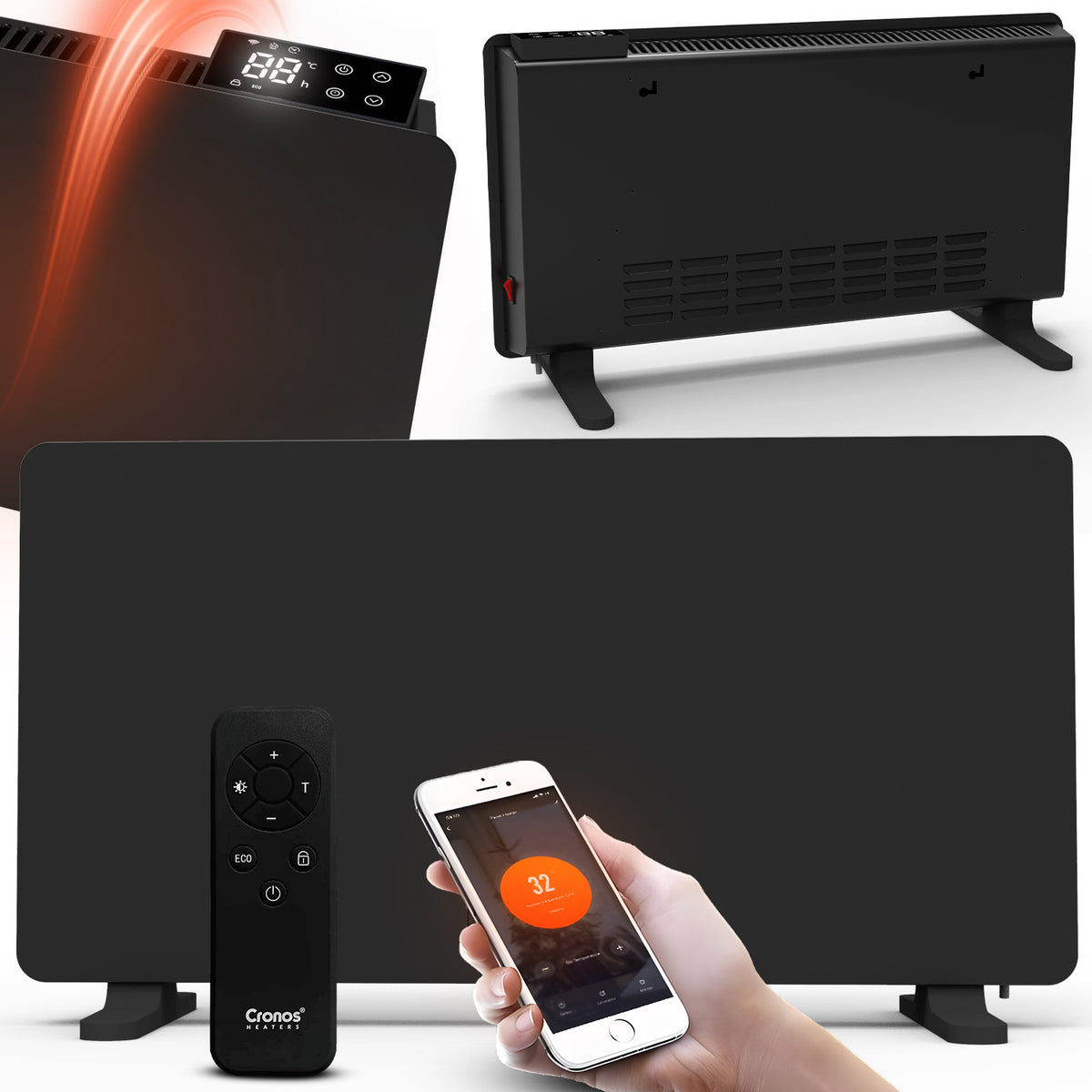 Grzejnik elektryczny 2000W konwektorowy z termostatem energooszczędny WiFi ogrzewacz pokojowy czarny 725x375 mm