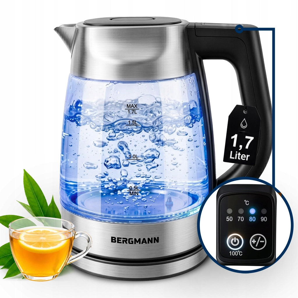 Czajnik elektryczny szklany bergmann 1,7l 2200W Regulacja Temperatury 1.7 l 2200 w srebrny/szary szkło, tworzywo