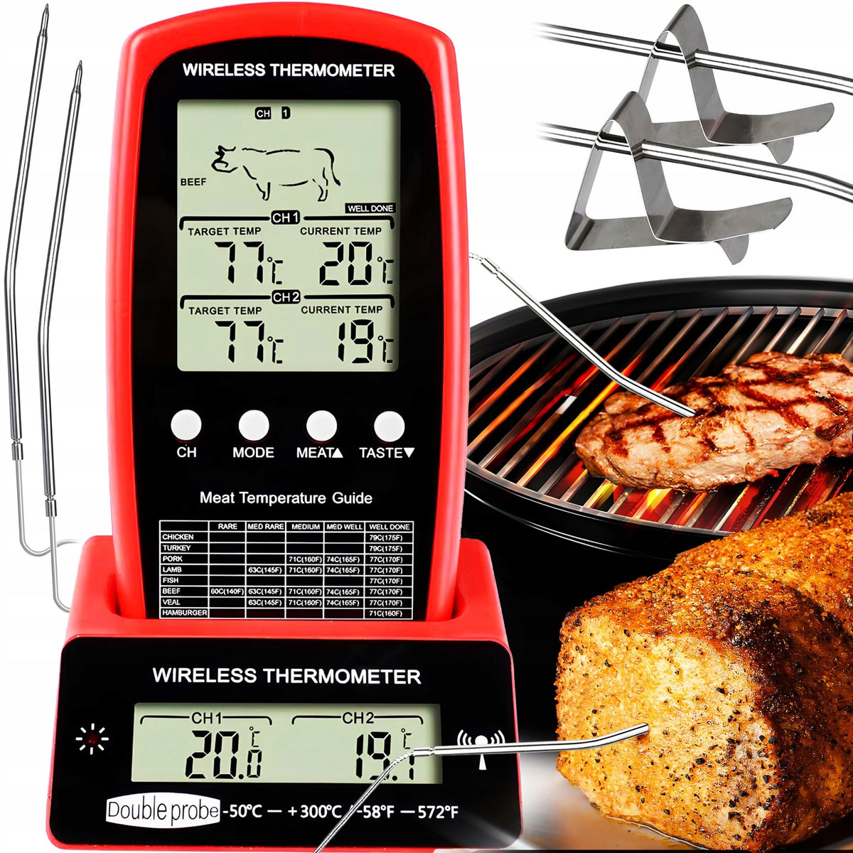 Termometr Kuchenny Cyfrowy do Mięsa Steków Żywności 2x LCD + 2x Sonda XL elektroniczny, gotowanie, pieczenie, olej