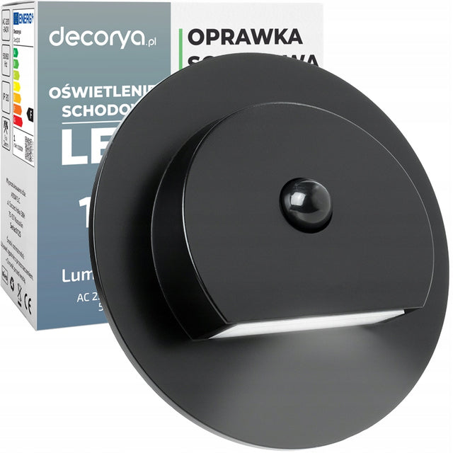 Czarna lampka schodowa LED oprawa na schody czujnik ruchu zmierzchu 1W 230V okrągły kształt, neutralna barwa światła, źródło światła w zestawie