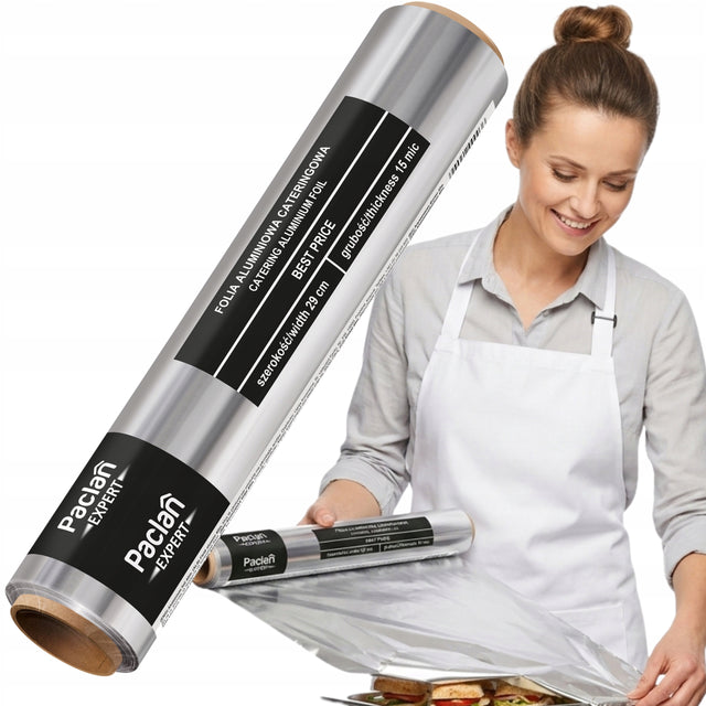 Folia Aluminiowa paclan expert Catering 40 m gruba 15 my mocna wąska tuleja do pieczenia, grillowania i przechowywania żywności, szerokość 29 cm