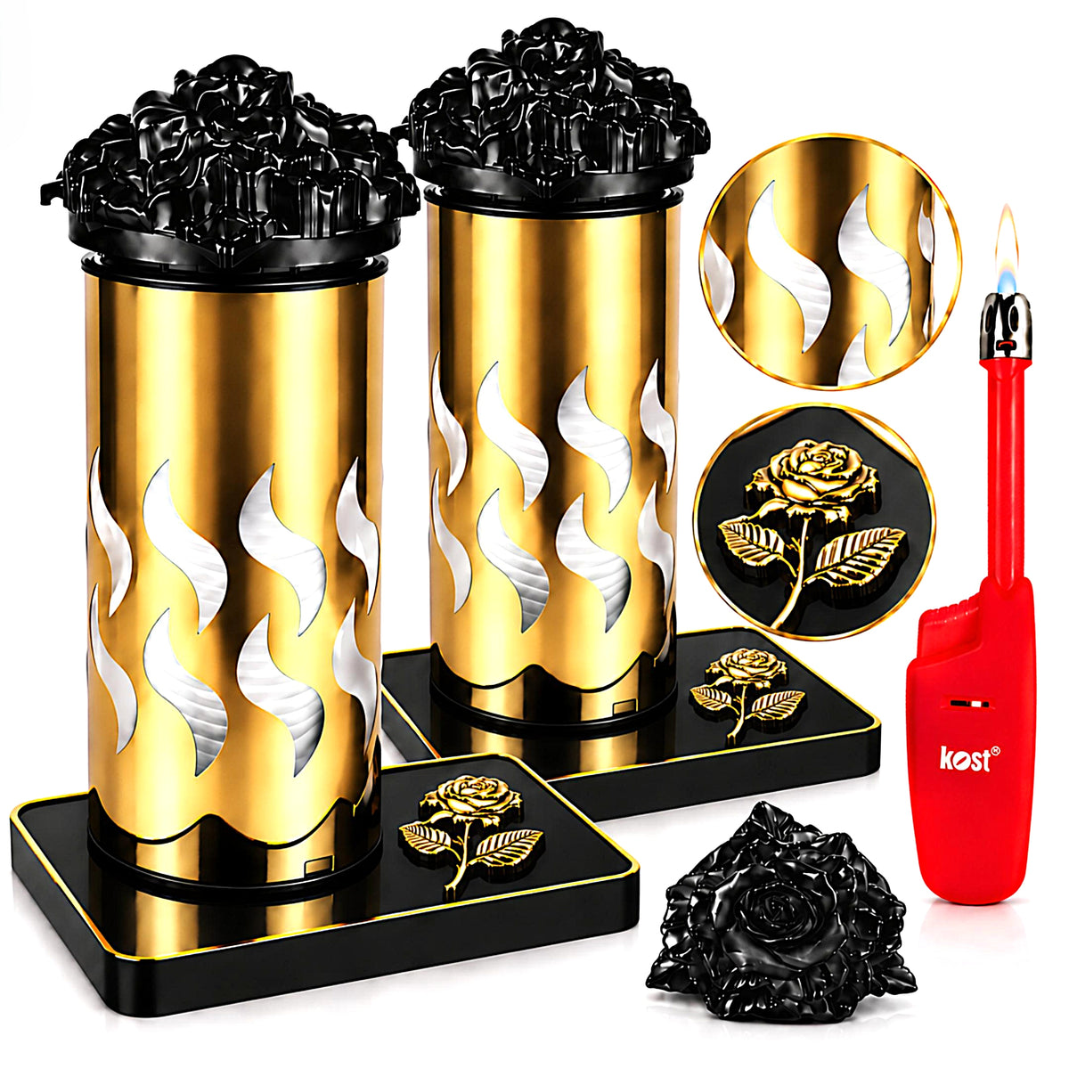 ZESTAW 2x DUŻY ZNICZ METALOWY MASYWNY ZŁOTY RÓŻA + WKŁAD + ZAPALARKA lampion nagrobny parafinowy 27 cm na grób