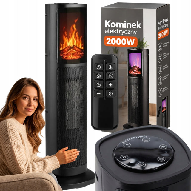 Kominek elektryczny kolumnowy grzejnik z termostatem oscylacja czarny 2000W farelka stojąca do salonu i sypialni, efekt płomienia, ogrzewanie wnętrz