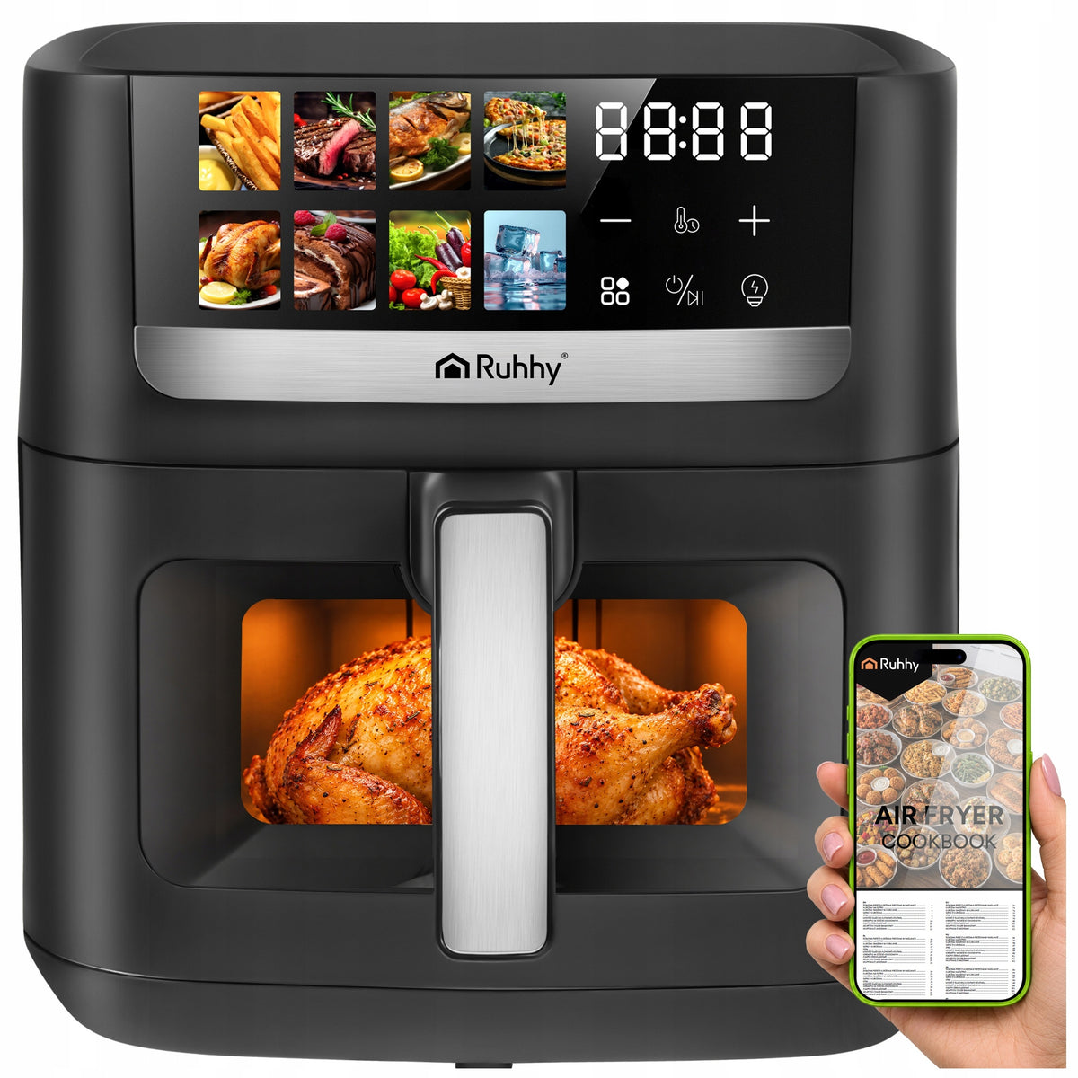 Air Fryer Frytkownica Beztłuszczowa Ruhhy AirCrisp 8l + 8 Programów Okienko czarny