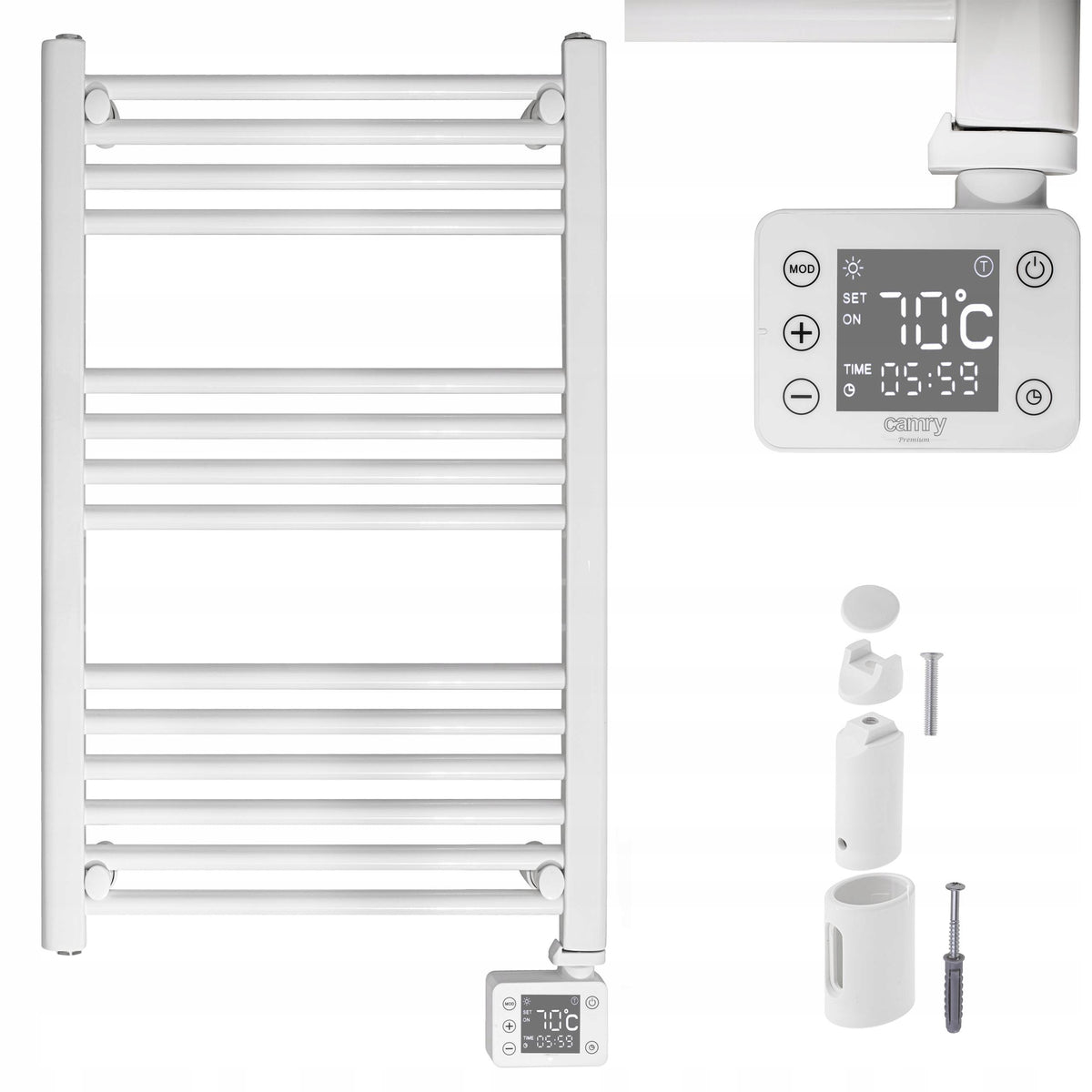 GRZEJNIK ELEKTRYCZNY ŁAZIENKOWY Drabinka Biały Ścienny 90x50cm 600W Timer 500 mm 900 mm grzewcza