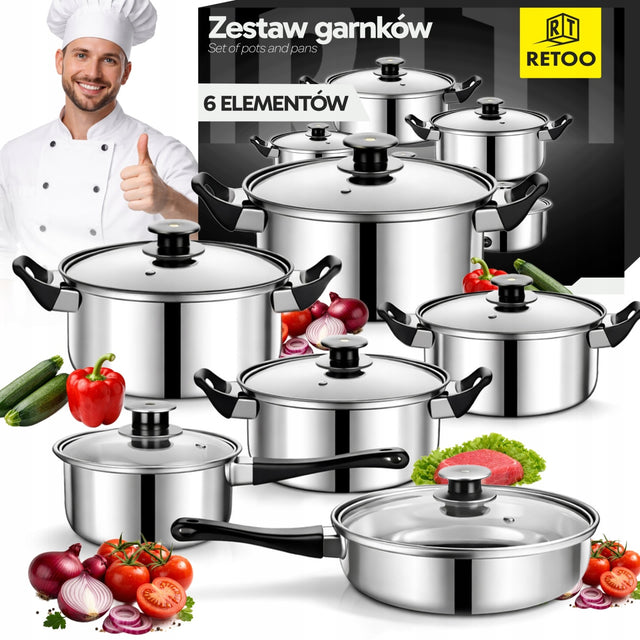 Zestaw garnków kuchennych stalowych patelnia komplet 12 elementów pokrywki do zmywarki, na indukcję i gaz, uchwyty nienagrzewające się