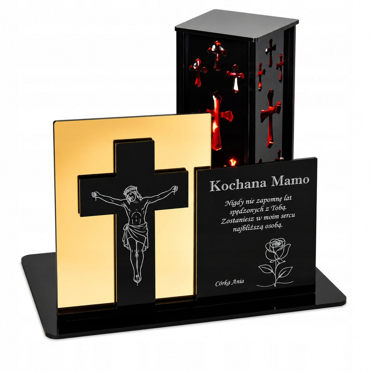 Personalizowany Znicz Led Cmentarz Grób Taty Mamy Rodziców Dziadków Grawer lampion nagrobny z krzyżem na lustrze