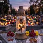 Znicze szklane na grób cmentarz duży lampion 21cm znicz złoty + wkład 12szt parafinowy z różą, dekoracja nagrobna, do