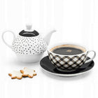 Dzbanek Filiżanka Spodek Porcelana Komplet 3w1 Imbryk do Kawy Herbaty czajniczek 320 ml, biało-czarny, można myć w
