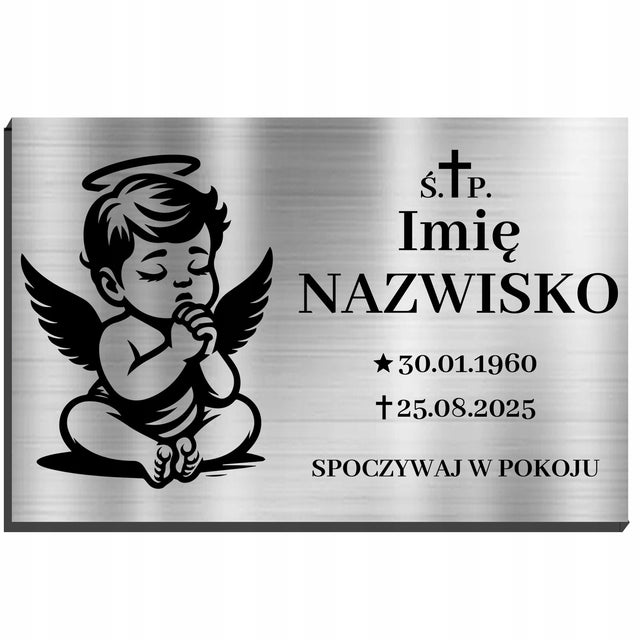 Tabliczka nagrobkowa nagrobna na grób srebrna metalowa płyta cmentarna 32 × 21 cm