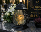 Duży znicz lampion czarny z drzewkiem złote drzewo ciężki stabilny znicz oświetlenie LED na grób, dekoracja nagrobna 33