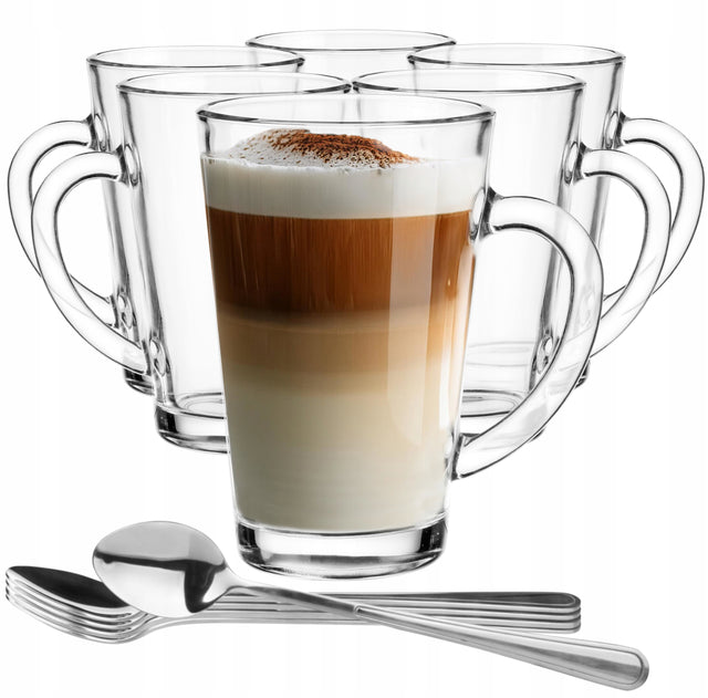 Szklanki do kawy latte Macchiato +łyżeczki zestaw do cappuccino i herbaty, przezroczyste szkło, 300 ml, 6 sztuk