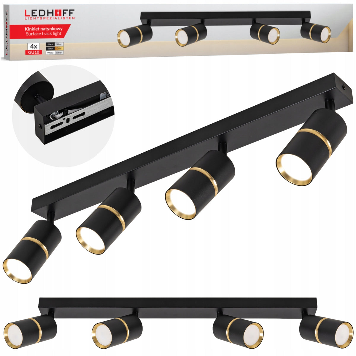 Lampa sufitowa LED szyna SPOT oprawa halogenowa 4x GU10 TUBA CZARNA złota reflektor kierunkowy do salonu i kuchni