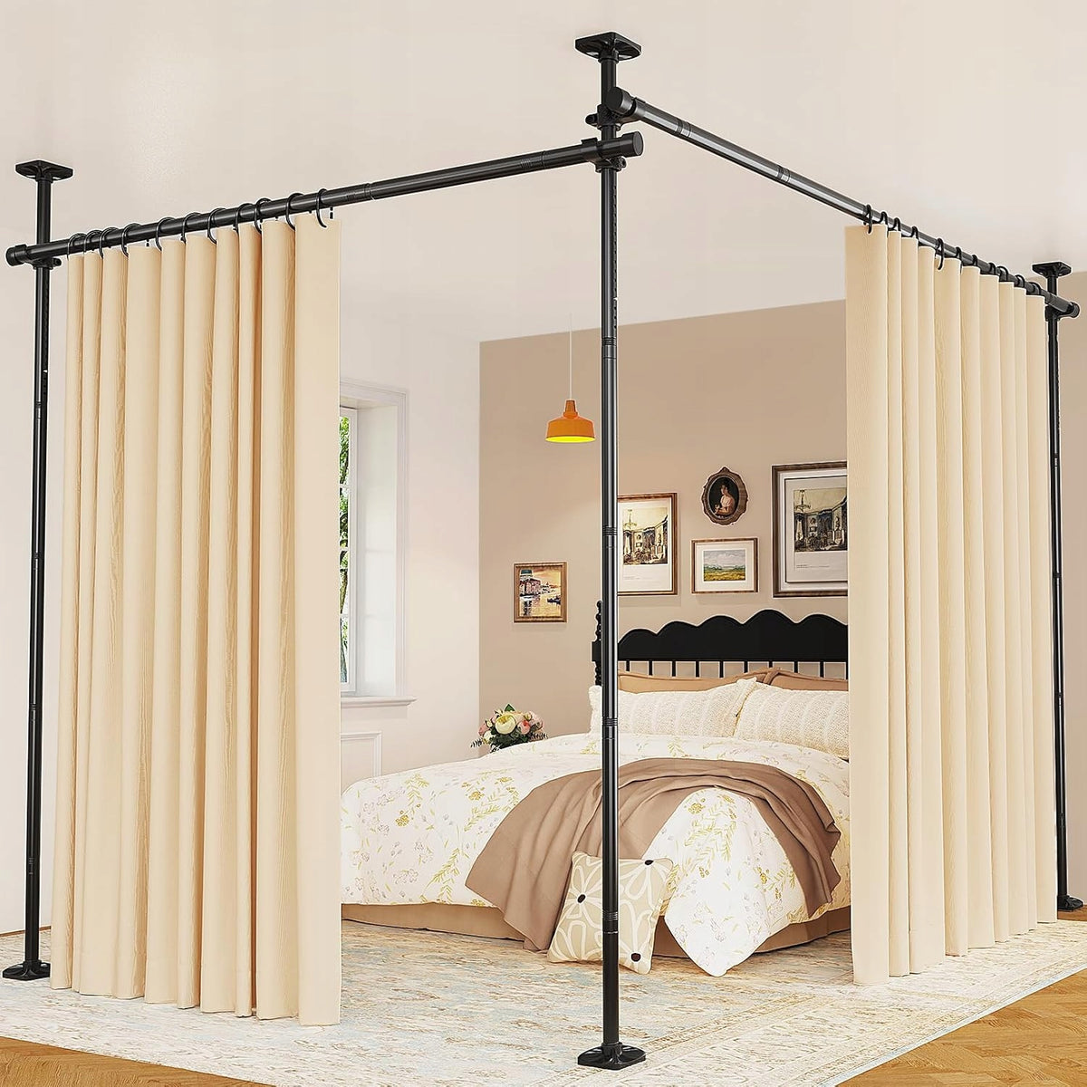 Drążek działowy system oddzielania pomieszczeń ścianka bez wiercenia parawan pokojowy czarny 70x122 cm separator stref