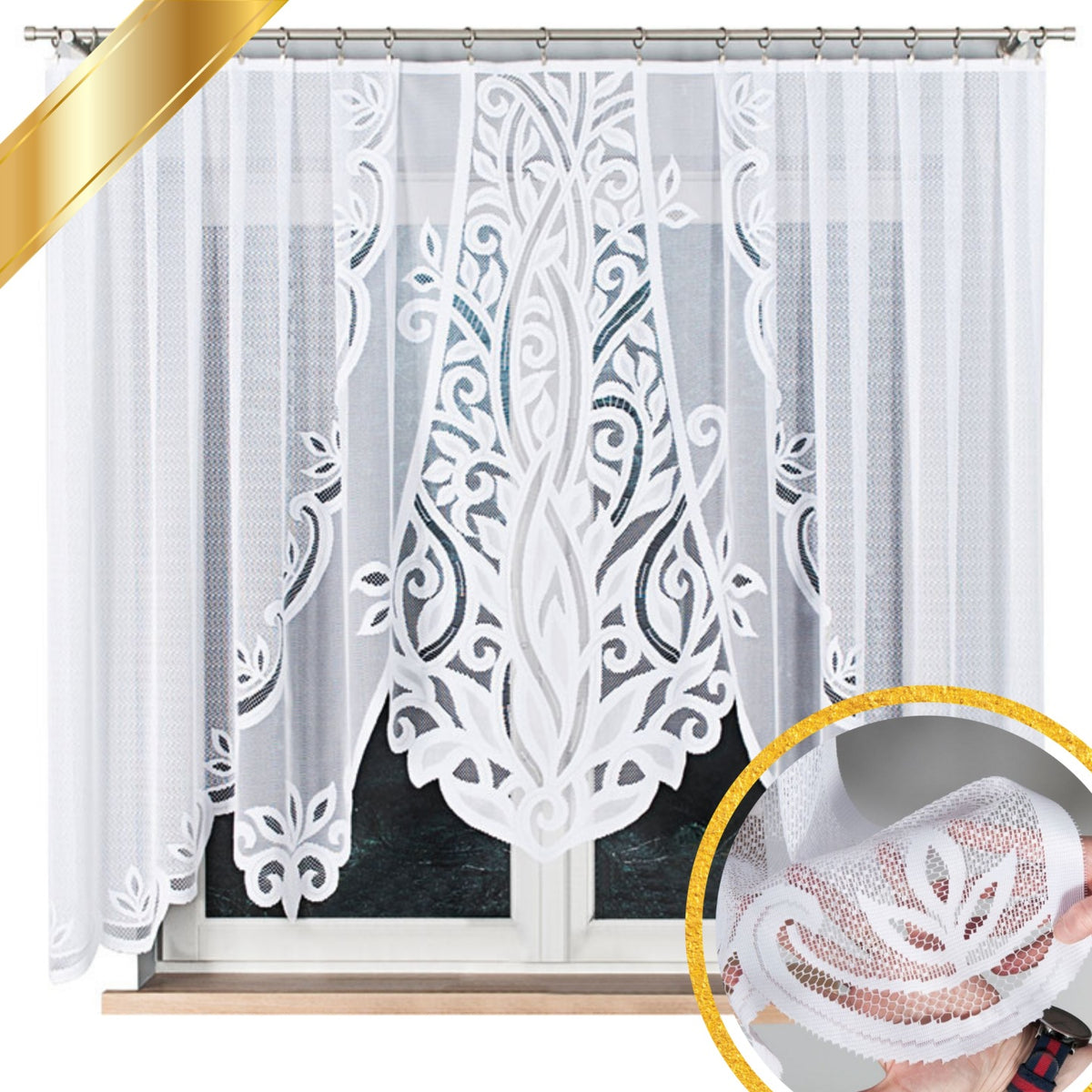 PANEL GOTOWY V-KA FIRANKA GOTOWA KRÓTKA AŻUR DO POKOJU KUCHNI 300X160 CM żakardowa dekoracja okienna na żabki, biała