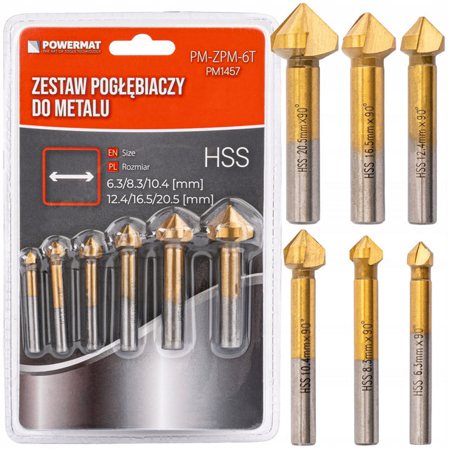 Zestaw pogłębiaczy stożkowych HSS 90° 6szt do fazowania i pogłębiania frez wiertła centrujące, chwyt walcowy, drewno metal plastik żeliwo