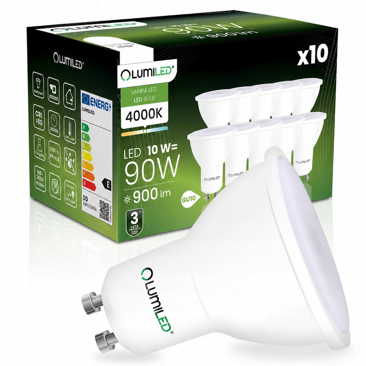 10x Żarówka LED GU10 10W 4000K 900lm 120° WYDAJNA NIE MRUGA PREMIUM CCD lampa reflektorowa do oświetlenia punktowego