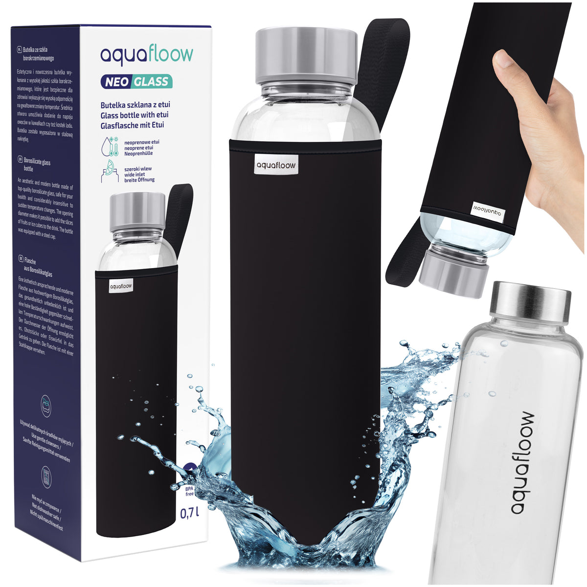 Szklana butelka AquaFloow z etui 700ml bidon szklany na wodę napoje 0,7l pojemnik wielokrotnego użytku do pracy, szkoły