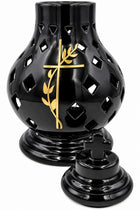 Znicz ceramiczny ażurowy czarny kremowy z krzyżem lampion nagrobny premium dekoracja na cmentarz, ozdoba na grób 38 cm
